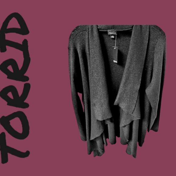 TORRIID Plus Size Black Sparkly Drape Front Cardigan With Overlapping Layers 3X - Picture 2 of 14